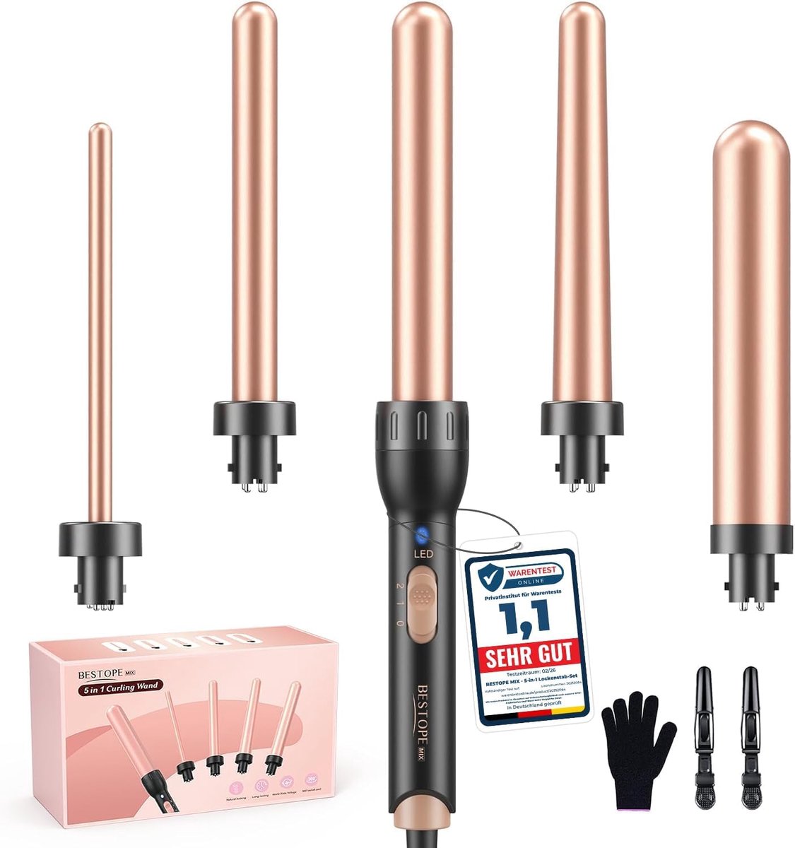SnelShoppen - BESTOPE 5-in-1 Krultang, Golventang, Stijltang met Instelbare Temperatuur, Keramisch, Snelle Opwarming, 3 Verwisselbare Vaten voor Perfe