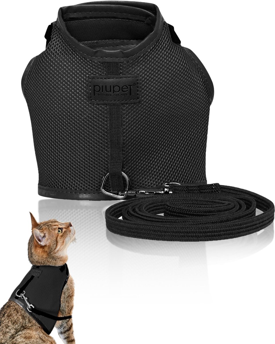 SnelShoppen - Harnas voor katten met riem | Kattenharnas met riem 1,2m | Veilig en robuust katten tuigje | Zwart S (nekomtrek 20-24cm, borstomtrek 36-