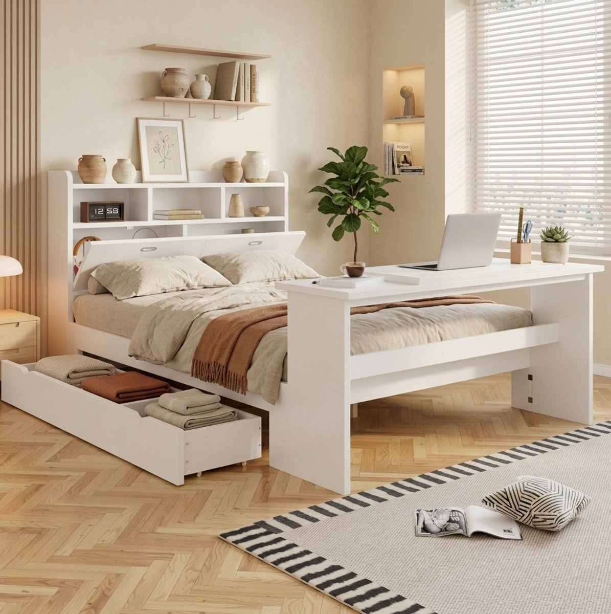 DESMIU Bed 140x200 cm – Opbergbed Met Hoofdbordplank En Verstelbare Klaptafel – Zijlade – Voor Kinderkamer Of Jeugdkamer – Hout – Wit – Zonder Matras