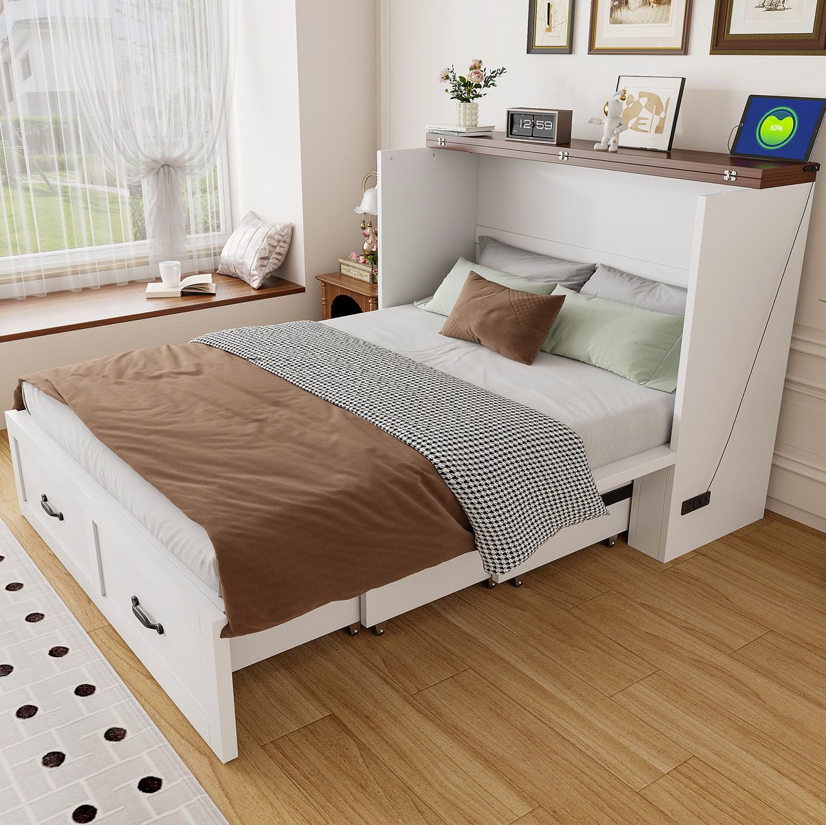 STILVORA Opklapbed 140x200 cm – Uitschuifbaar Met Stopcontact – Opbergruimte En Stille Wielen – Voor Studio Of Logeerkamer – Wit – Zonder matras