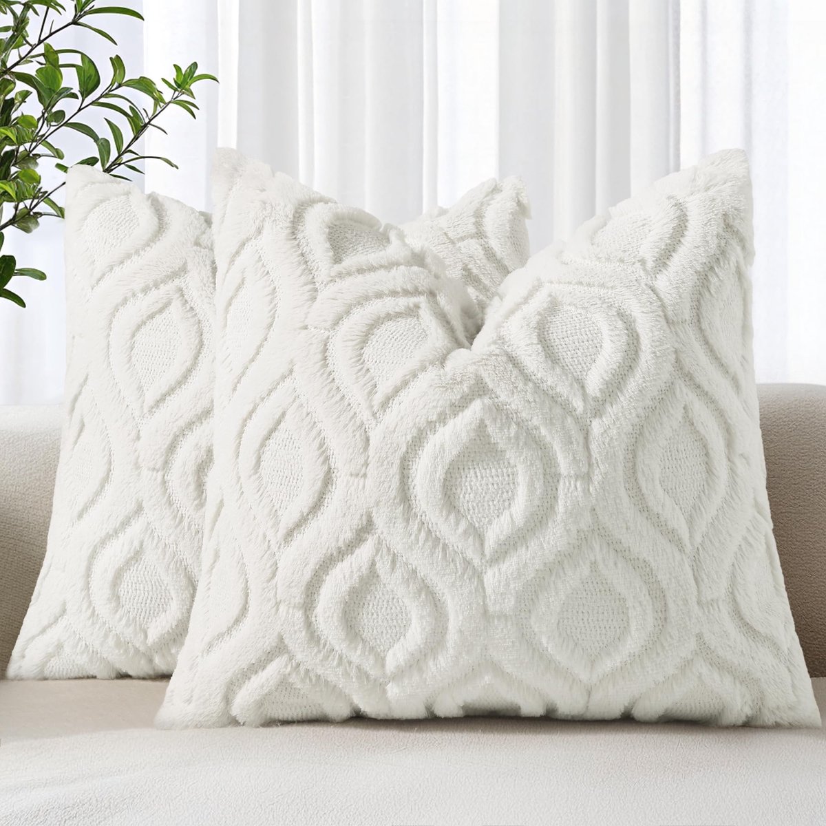 SnelShoppen - Set van 2 Kussenslopen Kunstbont 60x60 cm - Zachte Pluche Fluwelen Kussenhoes - Boho Neutrale Kussensloop Crèmewit voor Bank en Woonkame