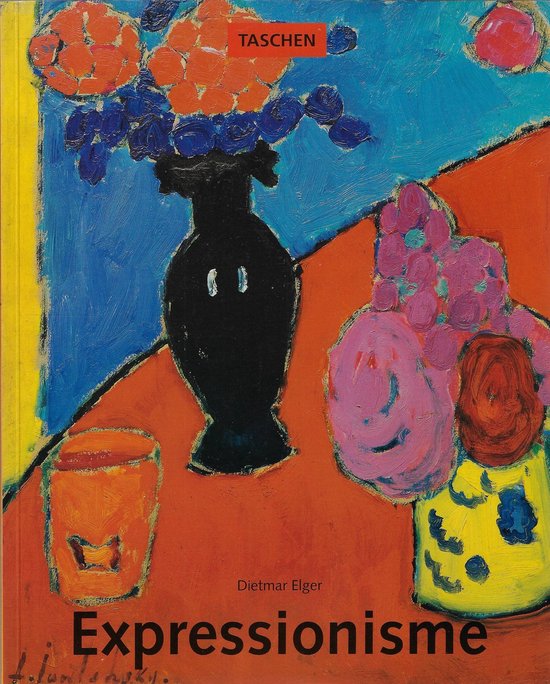 Boek "Expressionisme" van Dietmar Elger met een kleurrijk expressionistisch schilderij van een vaas met bloemen en een glas.
