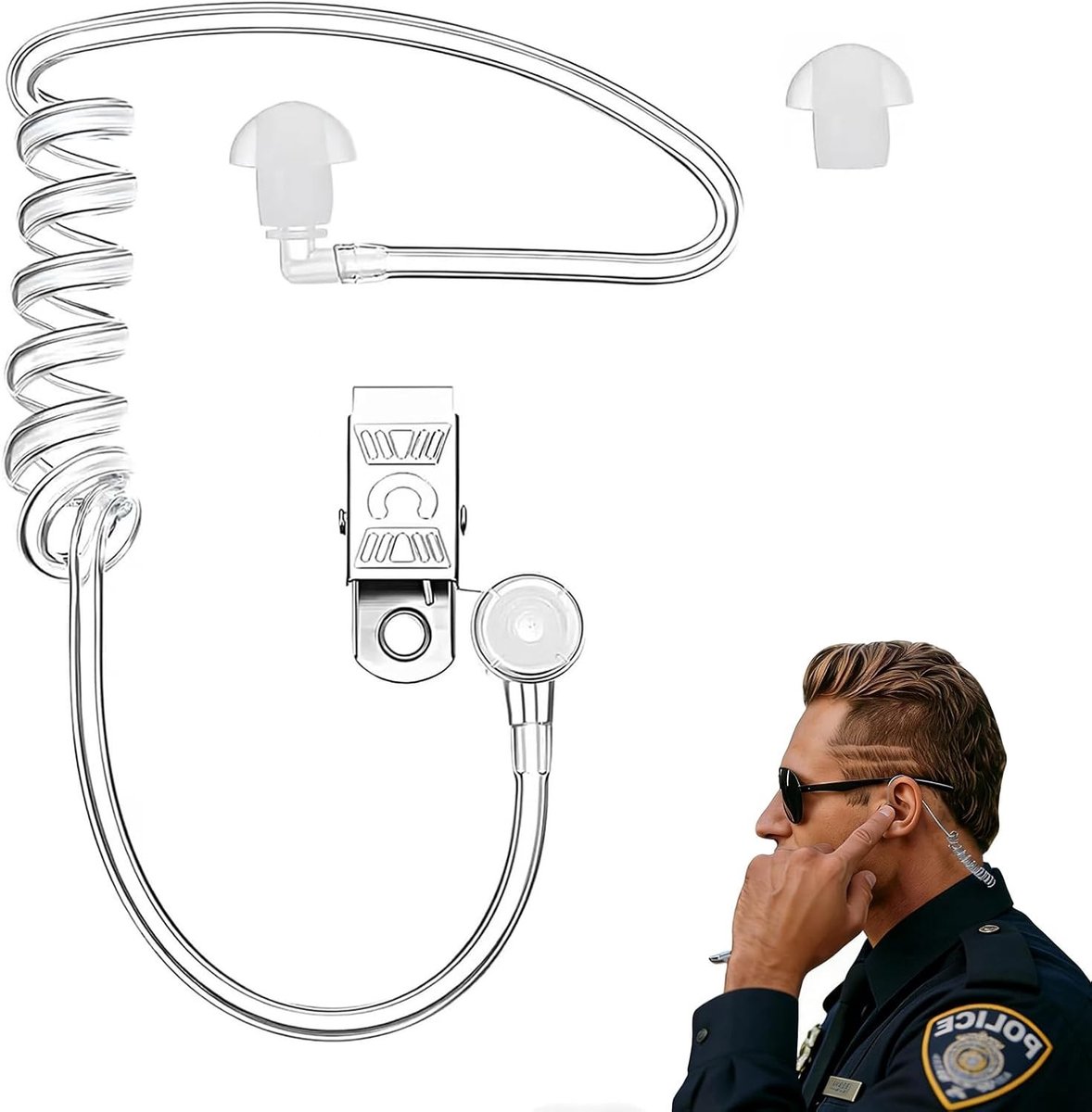 Transparante earbuds met flexibele geluidsbuis voor discreet communiceren, inclusief montageclip en oordopjes, ideaal voor beveiliging en politie