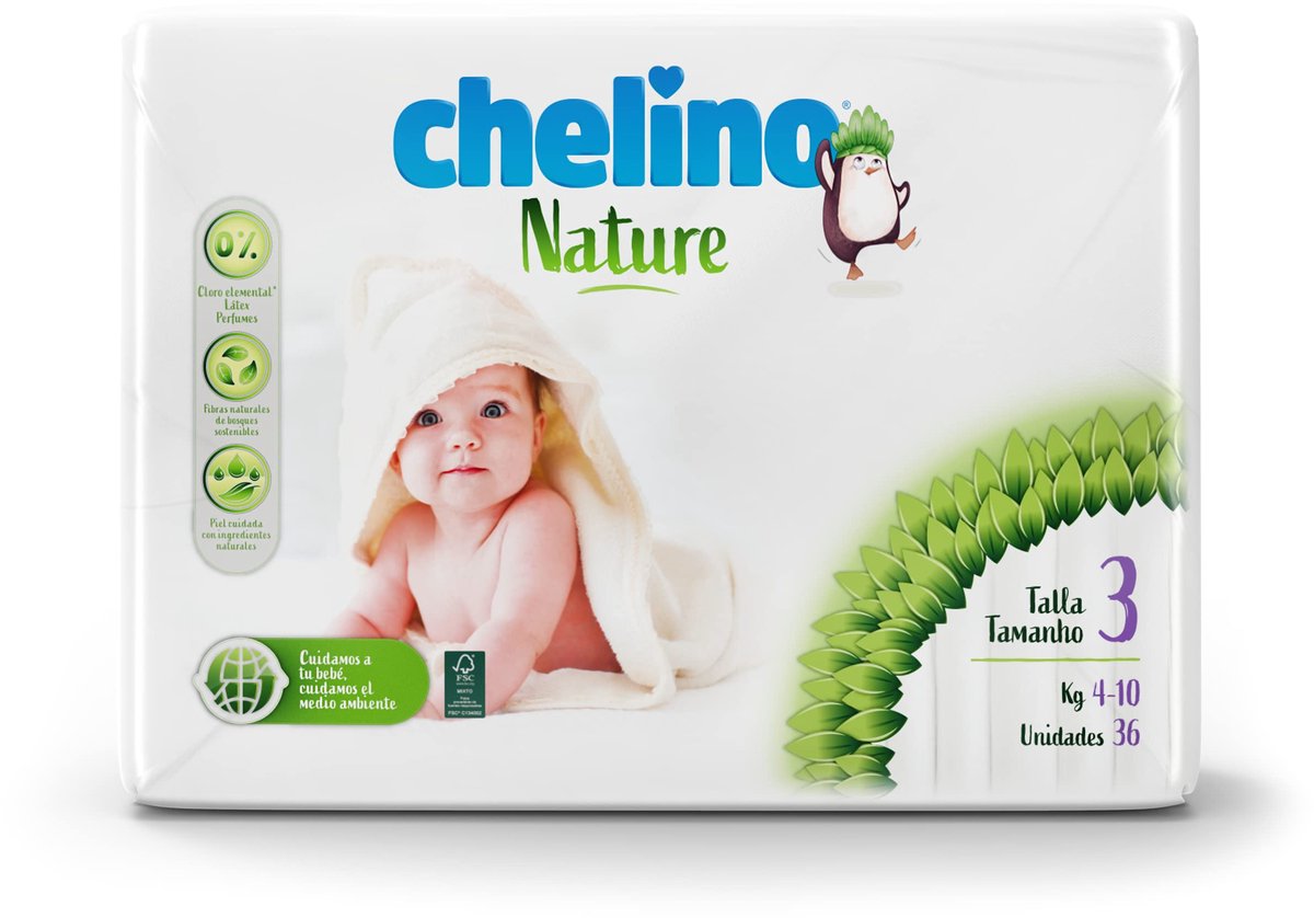 SnelShoppen - Chelino Nature Kinderluiers Maat 3 (4-10 kg), 216 Stuks, Biologisch Afbreekbaar, Ultra Absorberend, Zacht en Ademend voor Comfortabele B