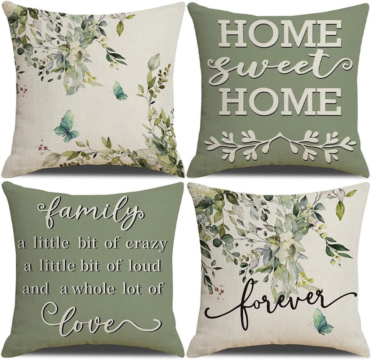 Set van 4 Stuks 45x45cm Linnen Kussenhoezen met Botanische Bloemen en Vlinders voor Sofa en Slaapkamer, Moderne Decoratie met Onzichtbare Rits, Groen