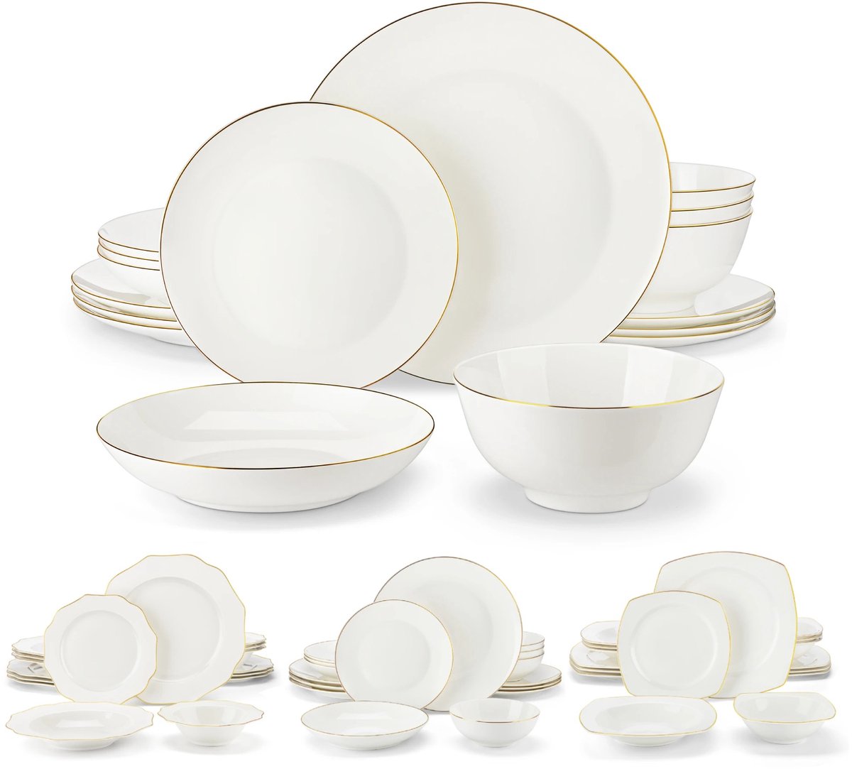 DailyDamaar serviesset - Servies - Keramiek - Set voor 4 - Borden - Kom - Dinerbord - Dessertbord - Soepbord - Gouden rand - Wit