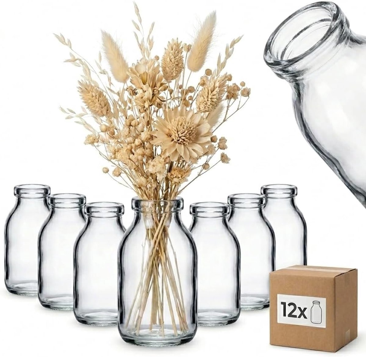 SnelShoppen - Set van 12 Mini Glazen Vazen - Ronde Bloemenvazen van Glas - Kleine Decoratieve Vazen voor Thuis, Bruiloften, Verjaardagen, Feesten - Pe