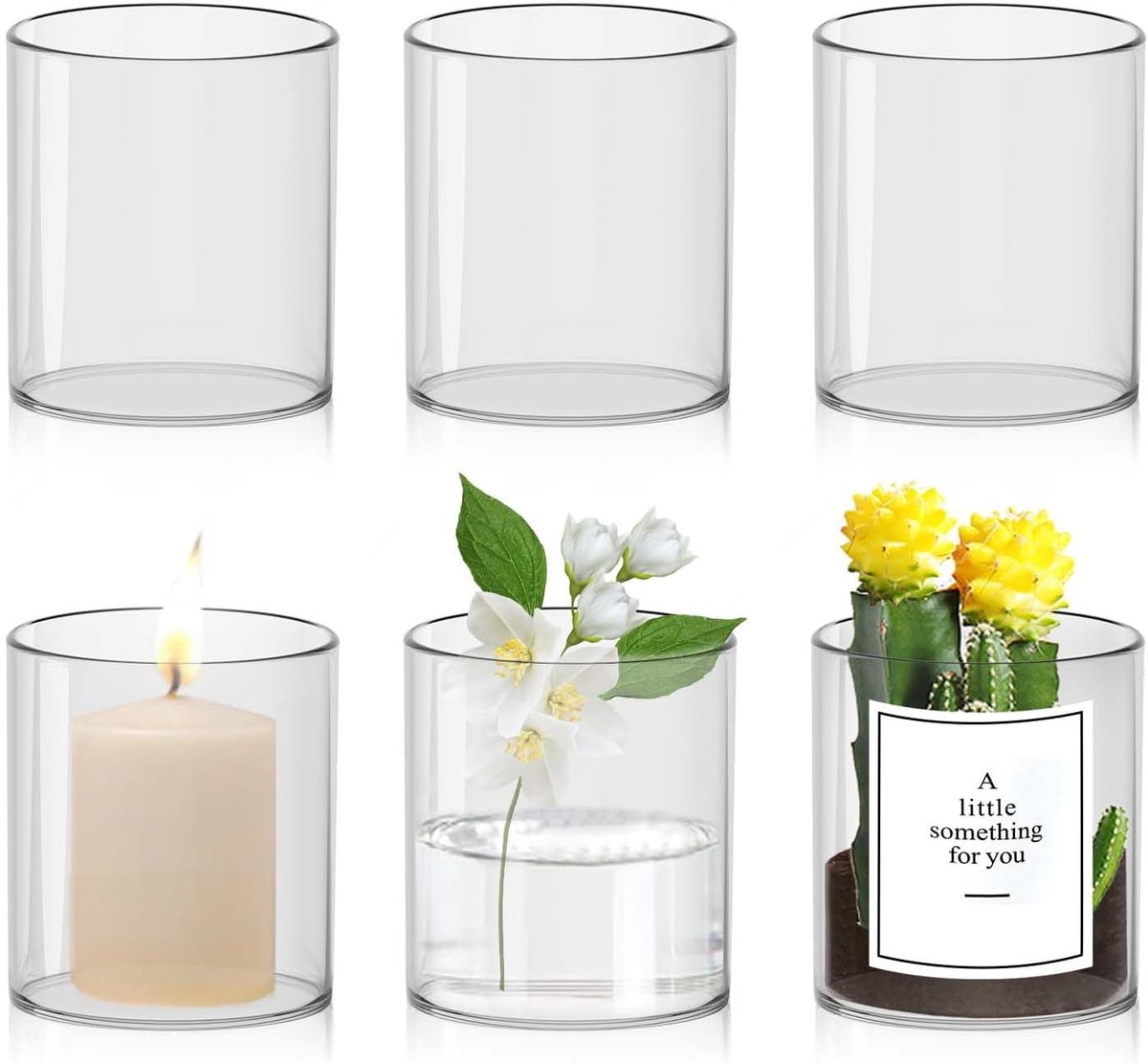 SnelShoppen - 6 stuks glazen vazen cilinder 10 × 8,5 cm, transparante tafeldecoratie, multifunctionele vaas voor verse bloemen, kaarsen en windlicht,
