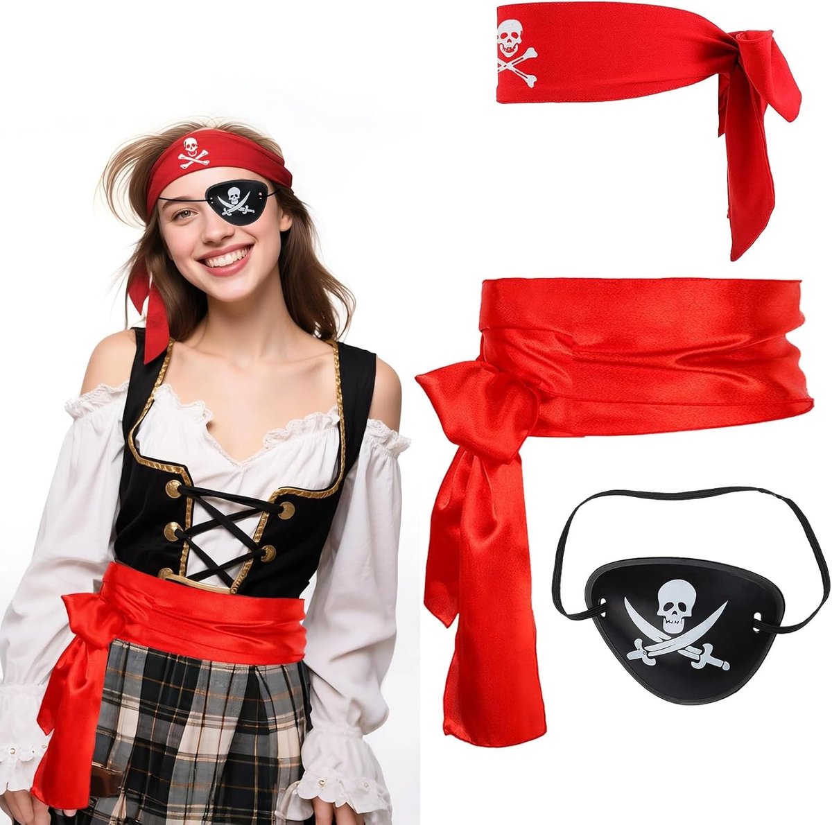 Piratenkostuum voor Volwassenen met 3 Accessoires: Bandana, Ooglapje en Jas voor Cosplay en Feestjes