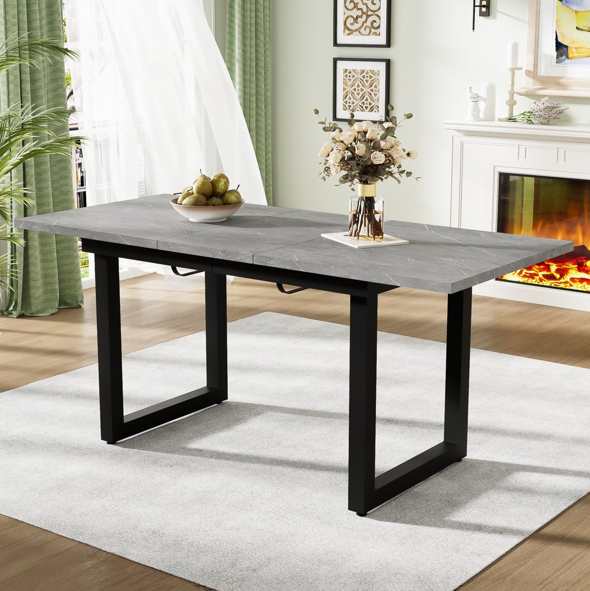 COVREO Eettafel 140-180x80 cm grijs-zwart, MDF metaal uitschuifbaar
