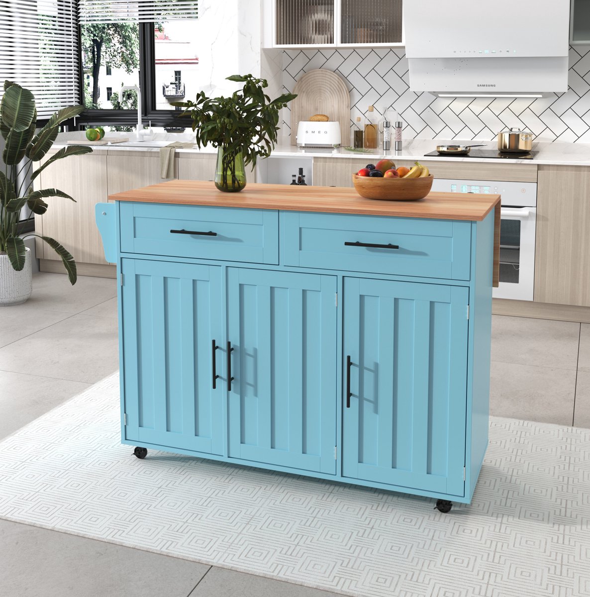 COVREO Keukenkast 129x71x91,5 cm blauw, MDF met uitklapbaar werkblad