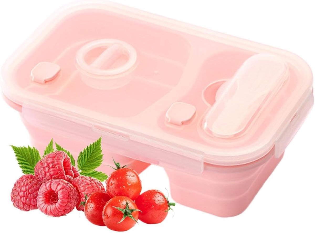 KZQ Vouwbare siliconen lunchbox met 2 vakken - BPA-vrij en lekvrij - Magnetron- en vriezerbestendig - Herbruikbaar voor school werk en kamperen -Roze