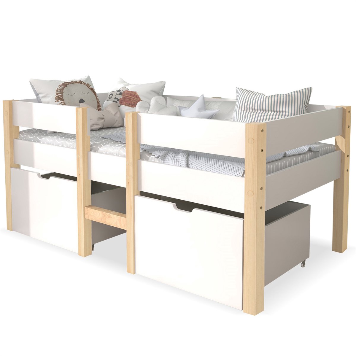 Kinderbed 90x200 met lades - Halfhoogslaper met uitvalbeveiliging - Massief grenenhout - Wit eiken eenpersoonsbed met lattenbodem
