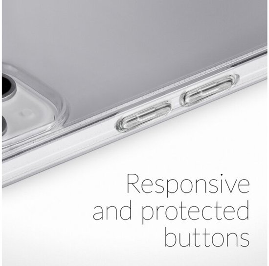 Détail de la coque transparente avec boutons. "Responsive and protected buttons".
