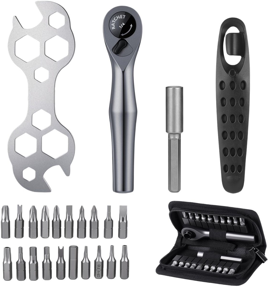 SnelShoppen - 24 Stuks Mini-Dopsleutelset, 0,6 cm Ratelsleutelset met 20 Maten Schroef, Verlengstang en Bandenlichters, Multifunctionele 72 Tanden Rat