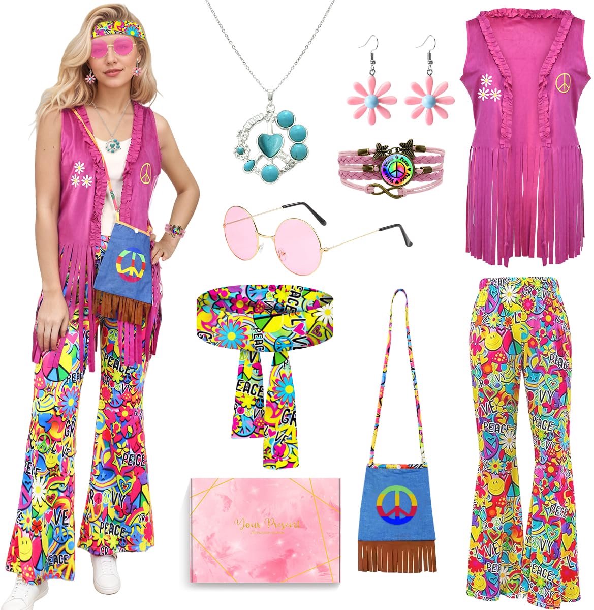 SnelShoppen - HEITOYI Hippiekostuum Dames Jaren 70 met Jurk, Vest, Broek, Accessoires - Roze M - Perfect voor Halloween, Carnaval en Feest