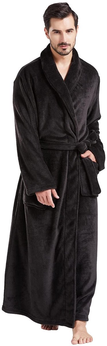 SnelShoppen - Heren gewaden pluche fleece lange badjas met sjaal kraag, warme winter huisgewaden, zwart, 5X-Large-6X-Large Big Tall, comfortabele wint