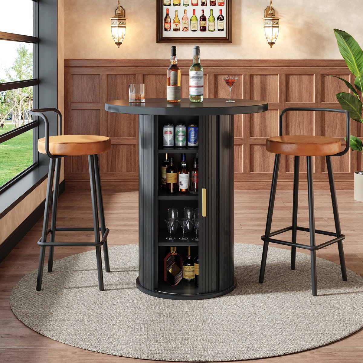 COVREO Bartafelset met 2 barkrukken, 60 x 60 x 91,6 cm zwart, MDF met opbergruimte