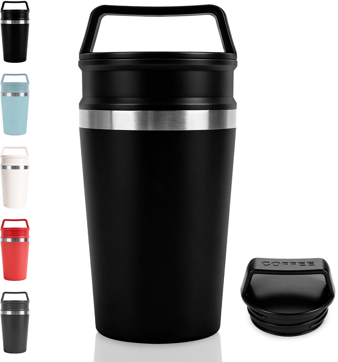 QTTVBTNA -Isolatiefles - Koffiebeker - 320 ml, roestvrij staal, dubbelwandig - Houdt warm 6-12 uur - 2-traps deksel (open / gecontroleerd) -Lekvrij, BPA-vrij, vaatwasmachinebestendig - Past in autobekerhouder - Zwart