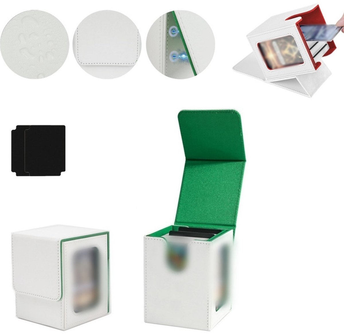 Kaartenopbergdoos – Magnetische TCG-displaydoos – Geschikt voor 100 kaarten met dubbele sleeves – Verticale deckbox van PU-leer – Verzameldoos met kijkvenster – 8,5 x 9,5 x 11,2 cm
