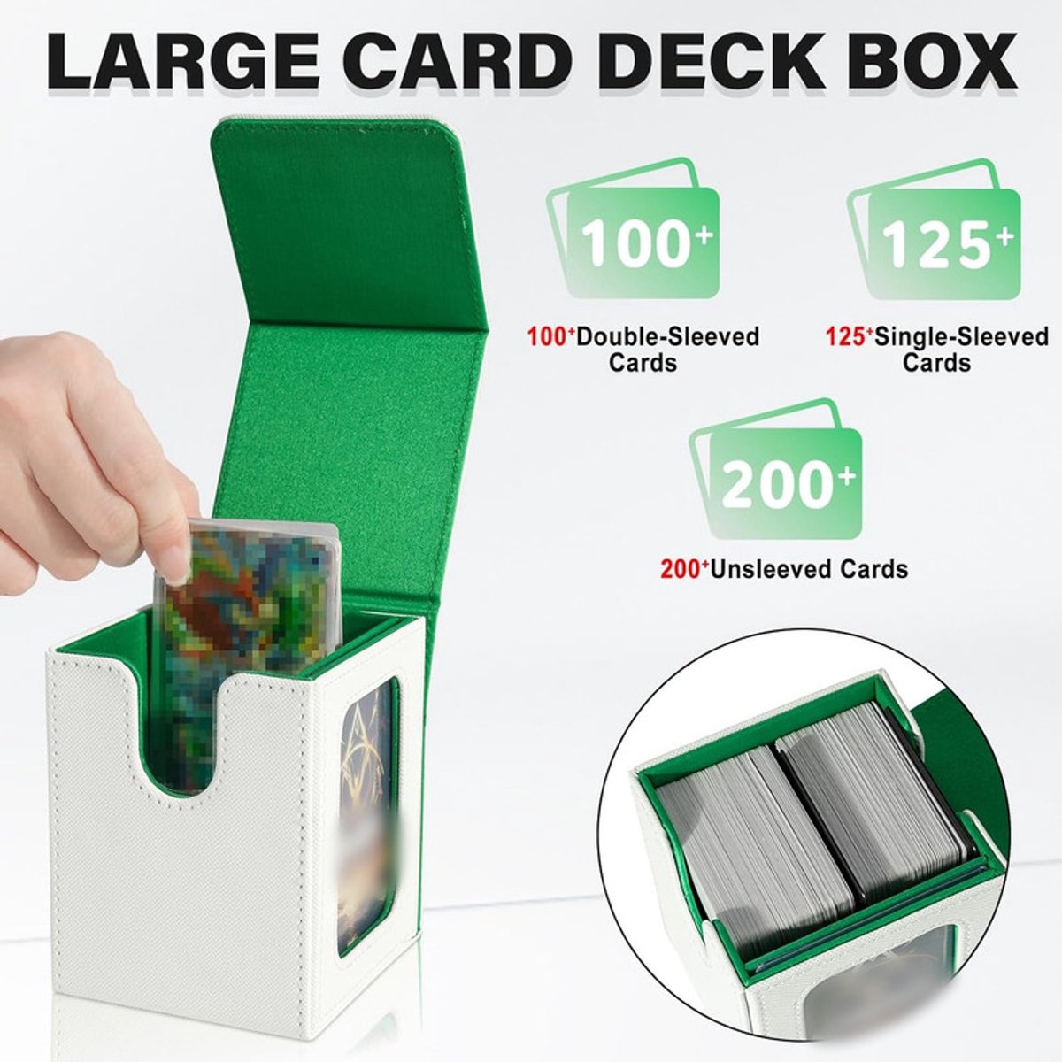 Kaartenopbergdoos – Magnetische TCG-displaydoos – Geschikt voor 100 kaarten met dubbele sleeves – Verticale deckbox van PU-leer – Verzameldoos met kijkvenster – 8,5 x 9,5 x 11,2 cm