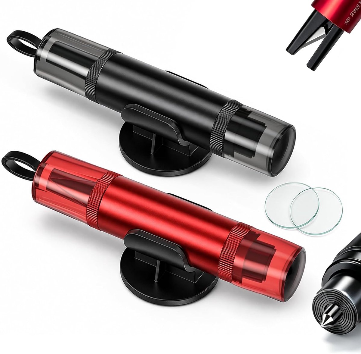 Autoveiligheidshamer en gordelsnijder - 2 stuks - Veerbelaste noodraambreker (met testglas) - Ontsnappingsgereedschap voor auto's, SUV's, bestelwagens en vrachtwagens - Rood en zwart.