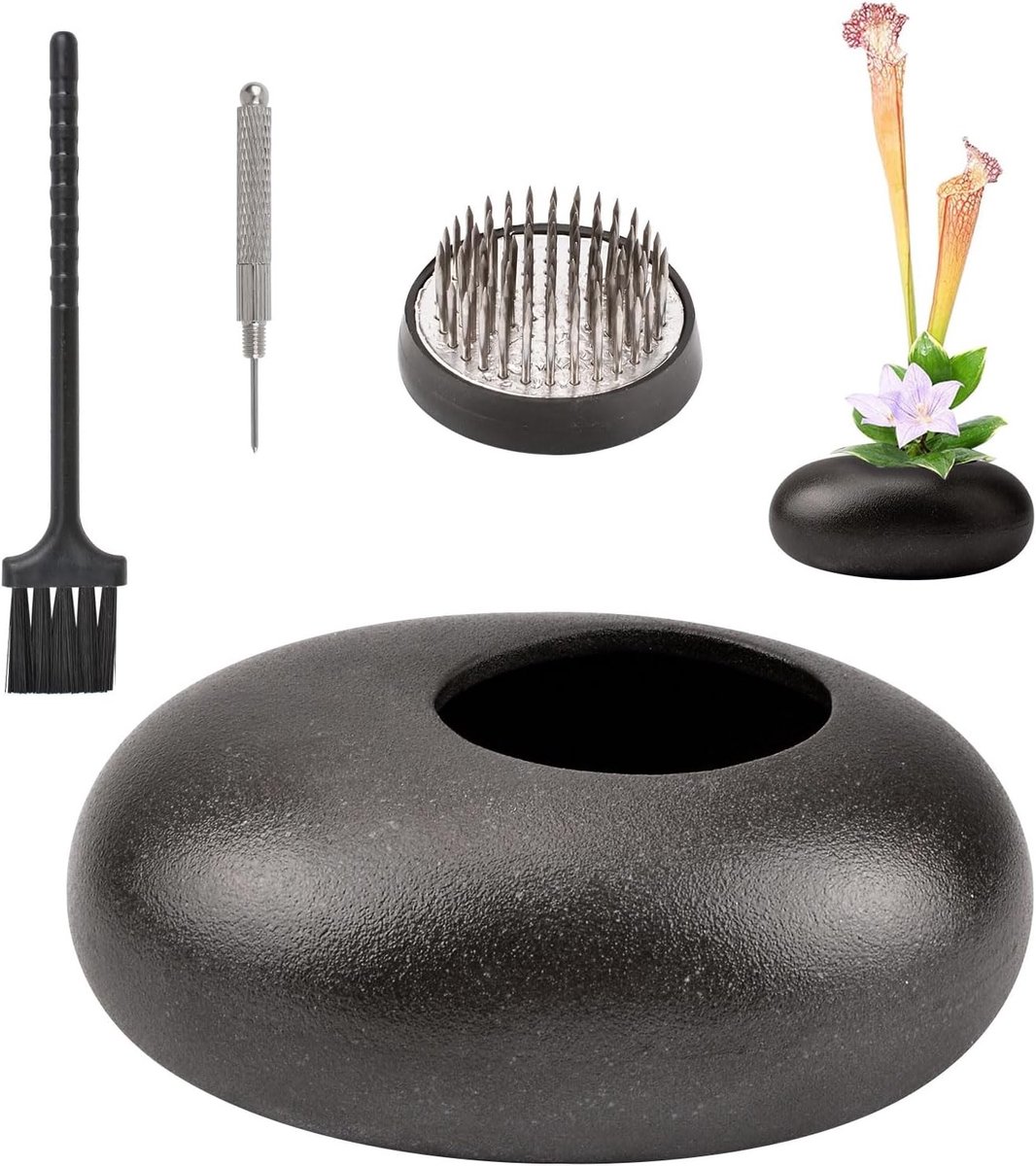 Grote keramische bloemenarrangement accessoires met zwarte kiezels, keramische plantenpot en 4 cm bloemenfrog voor ikebana en bloemstukken