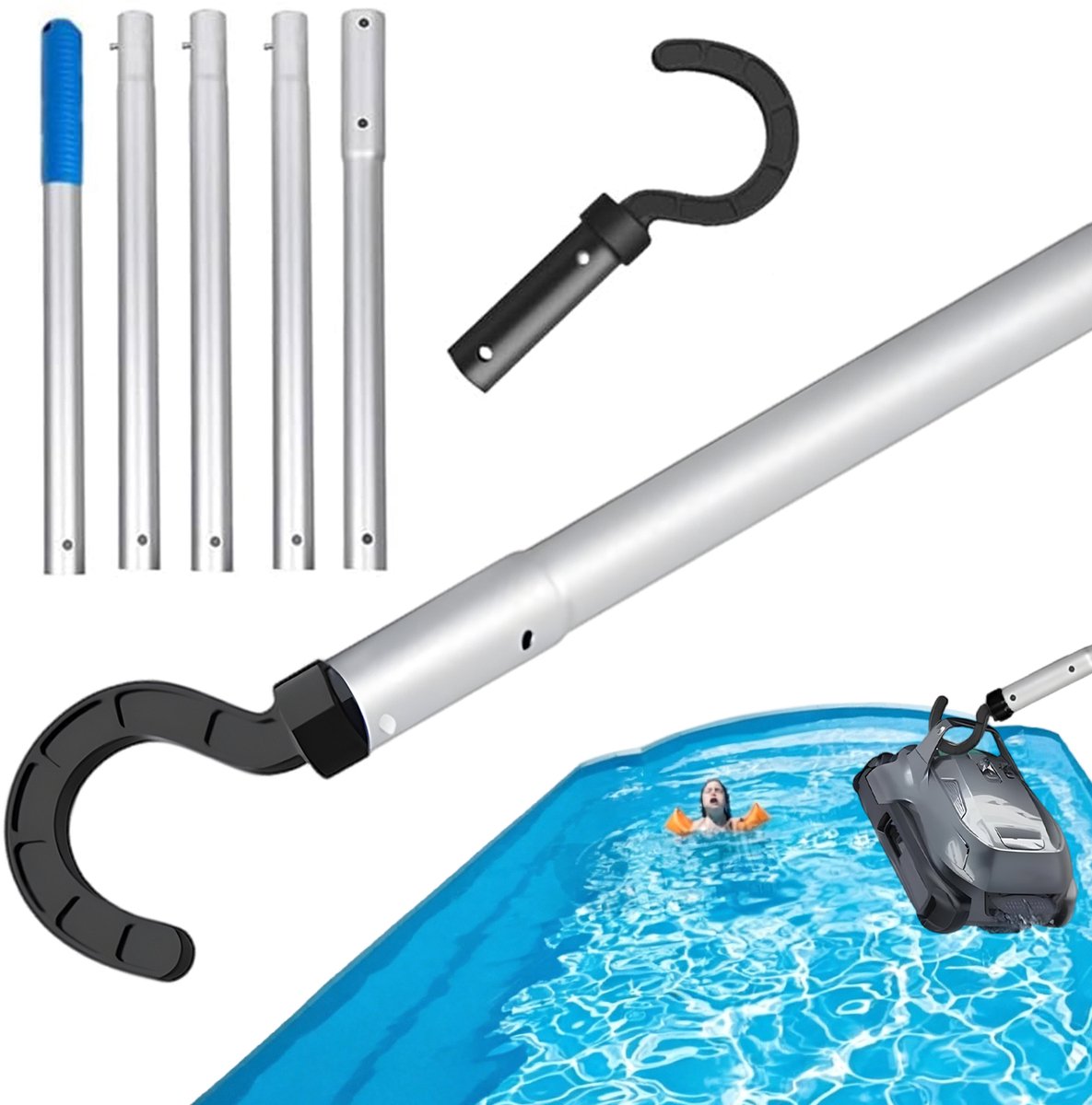Zwembadrobotstang - Telescopische Ophaalstang - 38-185cm Aluminium & ABS - Incl. 20cm Haak - Speciaal voor Zwembadstofzuiger - Versterkt & Breukbestendig - Voor Bovengronds & Ingegraven Zwembad