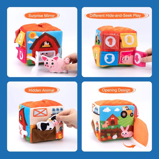 Baby speelgoed 6-12 maanden - Sensorisch speelgoed met pluche boerderijdieren - Montessori speelgoed met rammelaar, knisperend geluid, pieper en spiegeltje - Educatief speelgoed - Kinderspeelgoed voor jongens en meisjes van 1-3 jaar van Flintry — afbeelding 5