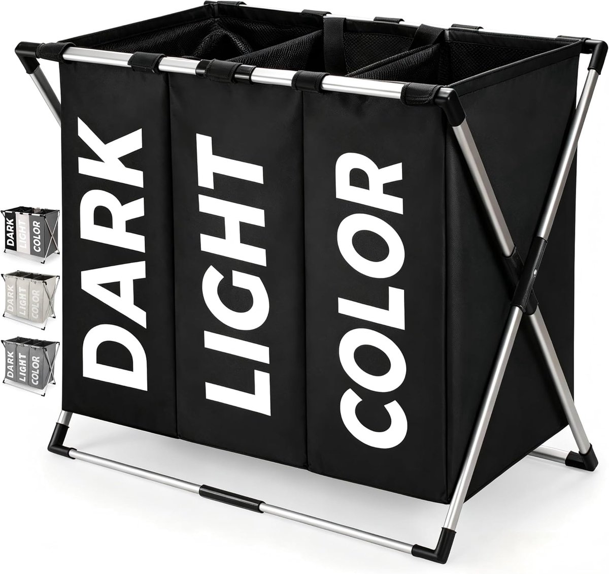 SnelShoppen - Opvouwbare Wasmand 3 Vakken 102L - Grote Wassorteerder Zwart - Waterdichte Oxford Wasmand Met Handvat - Ideaal Voor Vuile Kleding, Badka