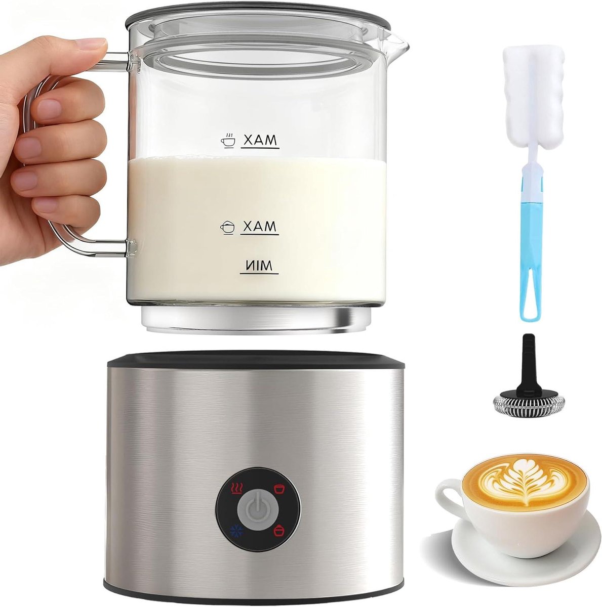 Melkopschuimer - Opschuimer Glas - Koffie Maken - 4-in-1 Functie - 500 ml - Zilverkleurig