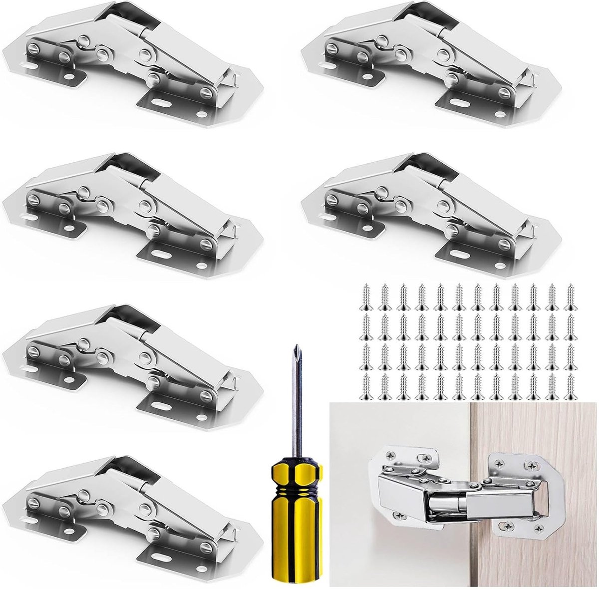 Set van 6 Scharnieren voor Keuken- en Kastdeuren met Schroeven, 104 x 43 mm, 90° Opening, Ideaal voor Houten en Gelamineerde Deuren