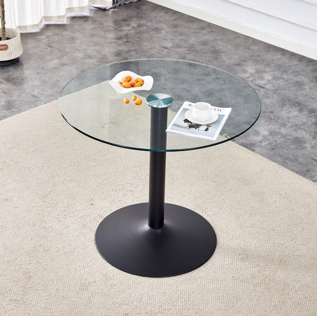 DESMIU Eettafel - Ronde Glazen Tafel Met Gehard Tafelblad - Voor Eethoek Of Horecaruimte - Metaal En Glas - 85x85x76 cm - Zwart Transparant