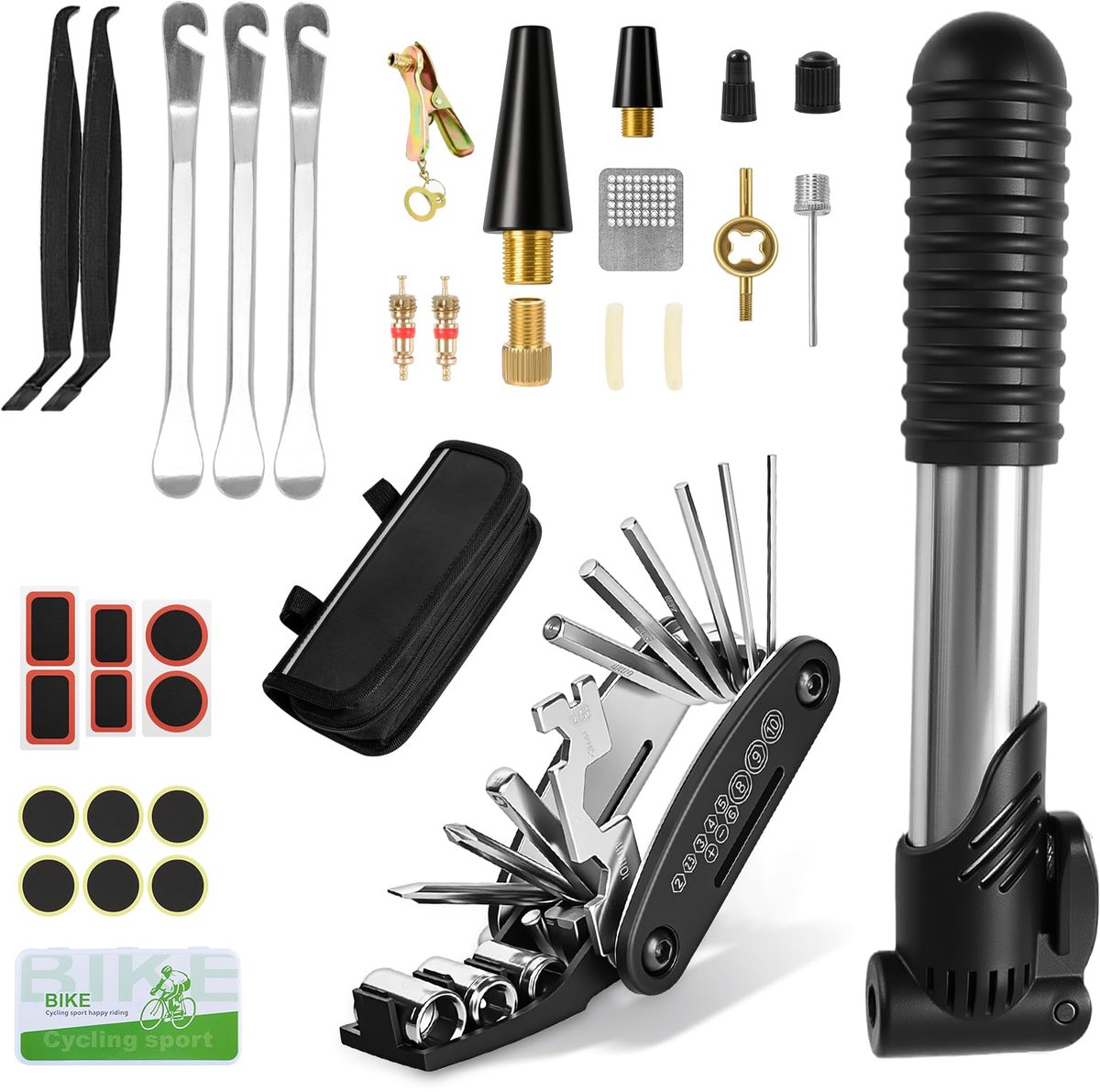 SnelShoppen - 34-delige Fietsreparatieset, Multifunctionele 16-in-1 Fietsgereedschapsset met Waterdichte Afdekking, Minipomp en Accessoires voor Fiets