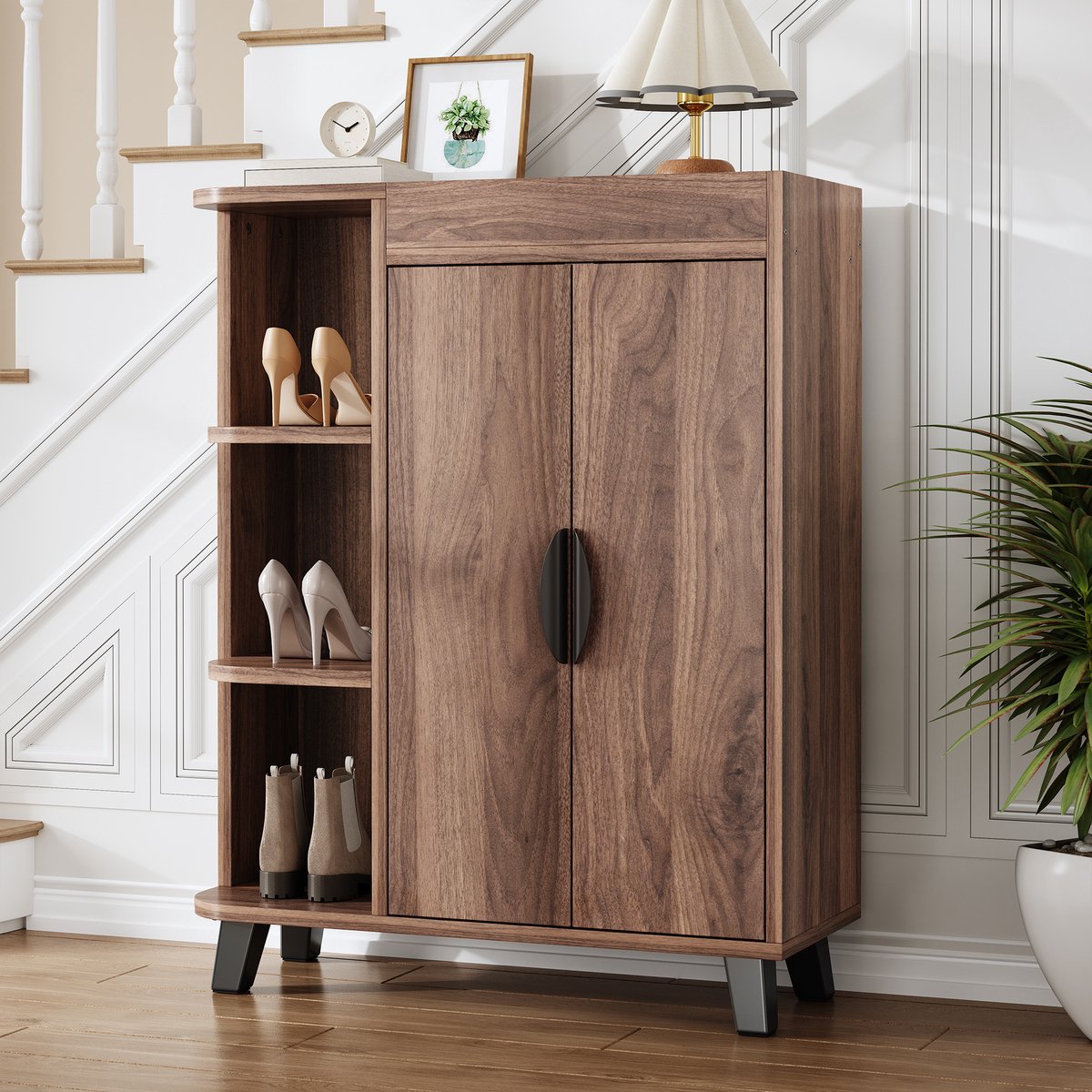 Schoenenkast - Smalle kast met 2 deuren, open vakken & bovenblad - 80x99x32 cm - Notenhout