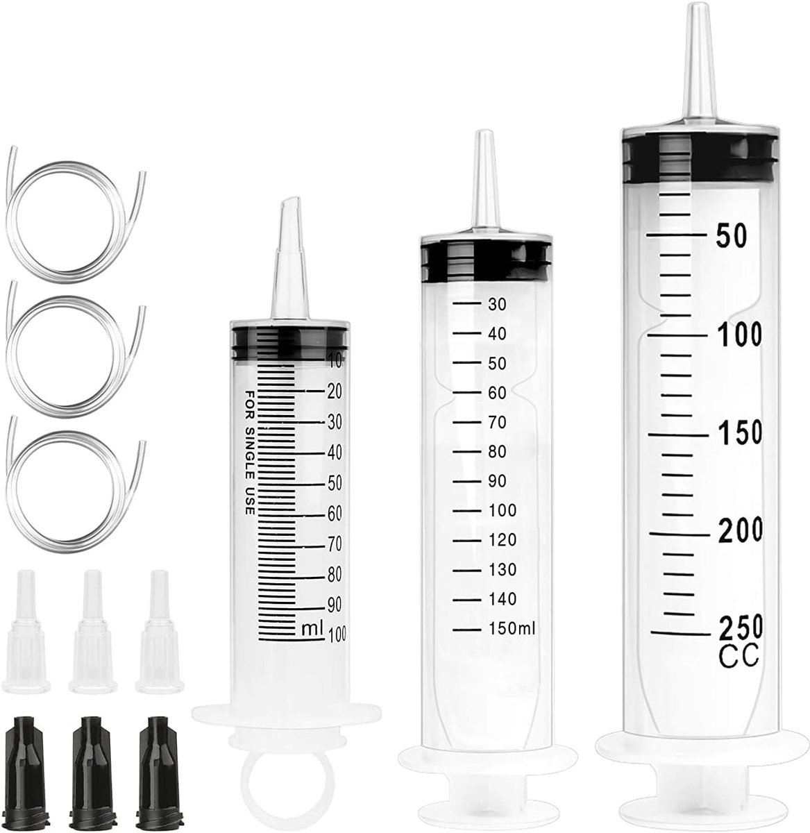 Set van 3 plastic spuiten met 3 kunststof buisjes voor olie, lijm, experimenten en huisdiervoer - 100ml, 150ml en 250ml voor diverse toepassingen
