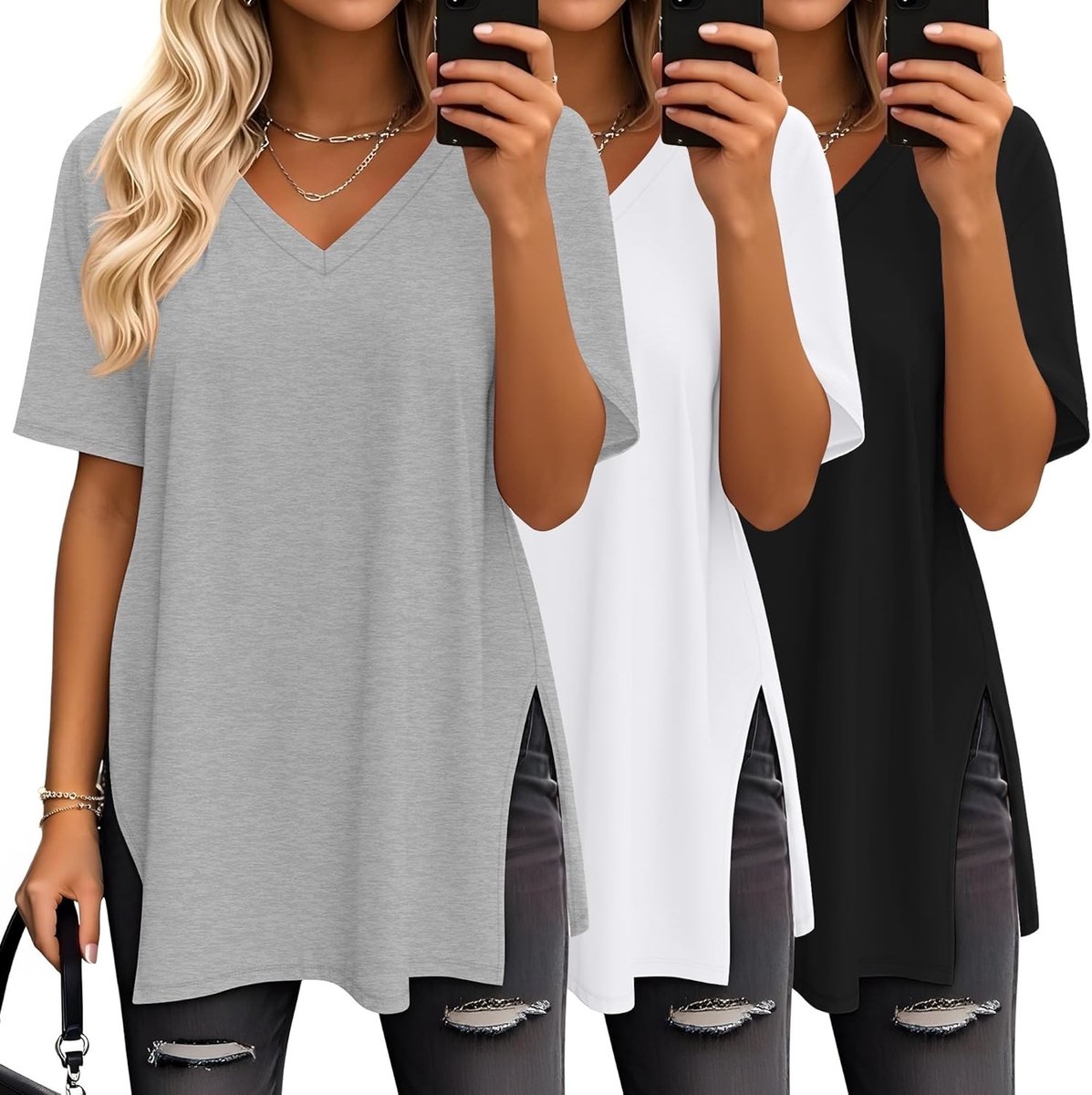 Oversized V-hals T-shirts voor Dames - Casual Korte Mouwen, Zijsplit, Losse Pasvorm, Comfortabele Mode