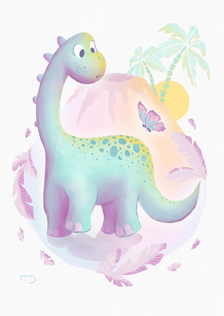 SnelShoppen - Lámina Kinderillustratie Dinosaurus met Groene Palm Bomen - Schattige Wanddecoratie voor Kinderkamer, Peuter, Baby, Speelkamer, Kleurig