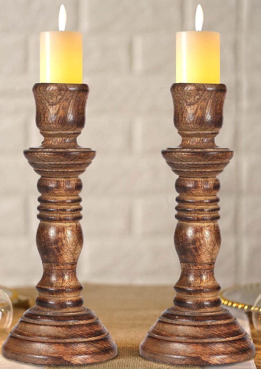 Houten Kandelaars - Kaarshouders Set - Decoratieve Sfeer - Handgemaakt Mangohout - 205 cm Set - Verbrand