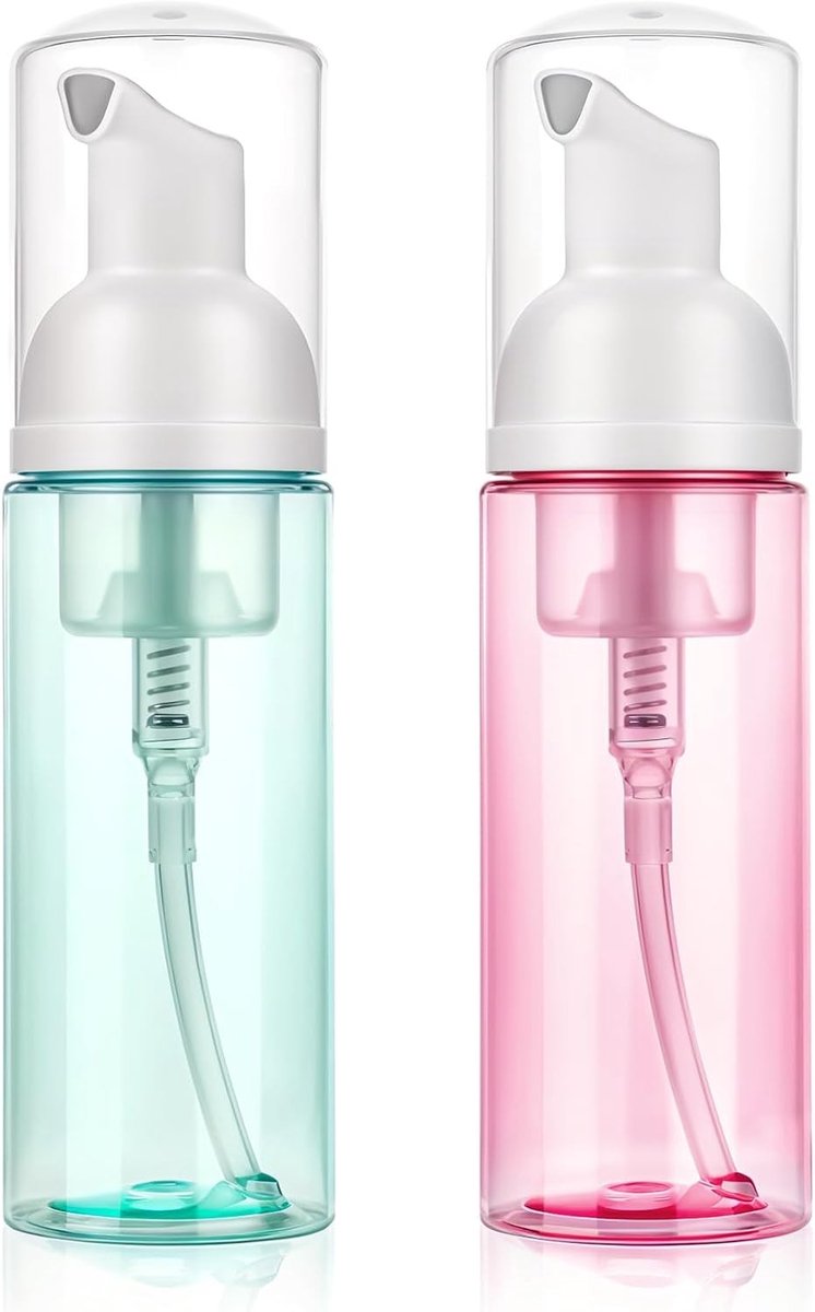 60ml/2oz Foam Pompfles Dispenser - 2 Stuks Heldere Plastic Navulbare Pompflesjes voor Handzeep, Gezichtsreiniger en Huidverzorging (Groen + Roze)