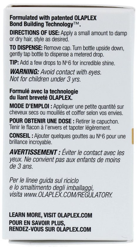 Gebruiksaanwijzing en waarschuwingen voor Olaplex Nº7 Bonding Oil.
