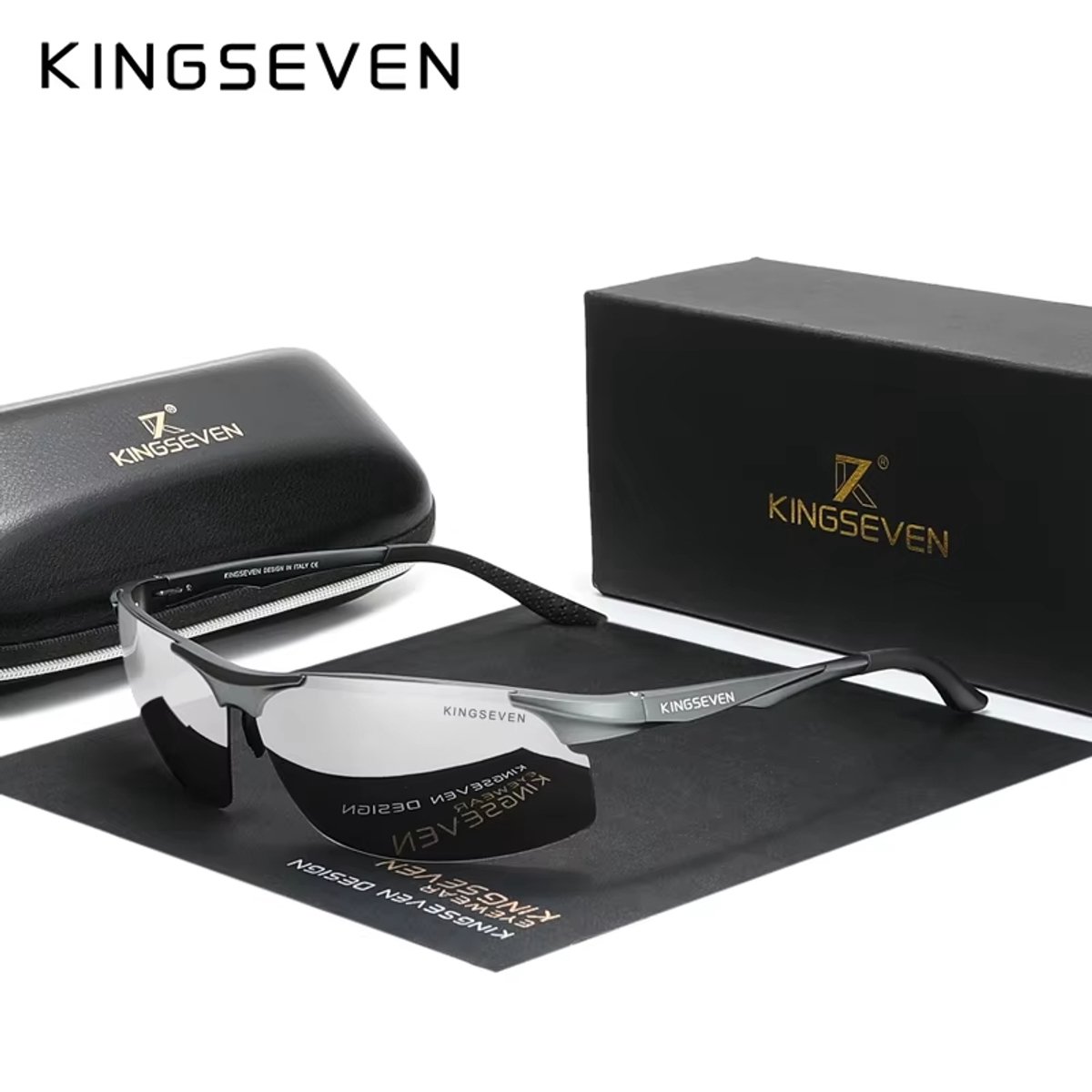 KINGSEVEN 9126 Sportzonnebril - Grijs Frame met Spiegelzilvere Glazen & Luxe Verpakking