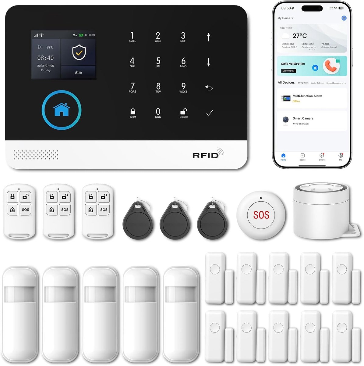 SnelShoppen - Draadloze Alarmset Thuis - 24-delige Wifi Alarm met App-Bediening, Bewegingsmelder, Deur- en Raamsensor, Sirene, Afstandsbediening, Comp