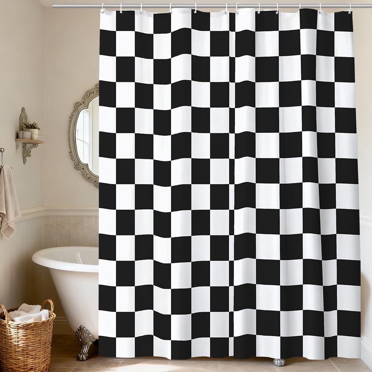 SnelShoppen - Douchegordijn retro ruitpatroon 180 x 200 cm, waterdicht, anti-schimmel, vintage design met 12 haken, douchegordijnen voor bad of douche