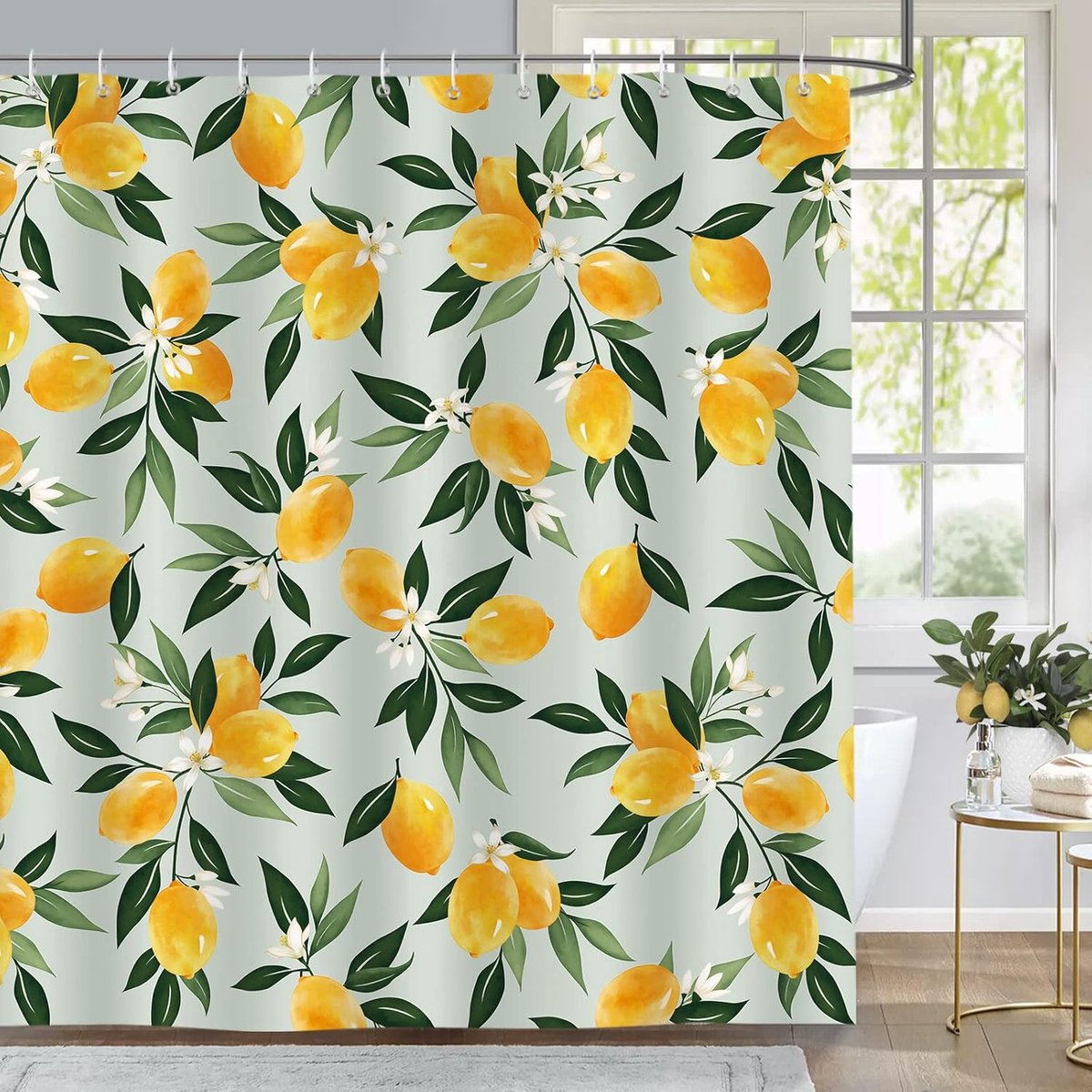 SnelShoppen - Douchegordijn Citroenen en Groene Bladeren 180 x 180 cm - Schimmelwerend, Waterdicht, Polyester, Wasbaar - Badkamer Gordijn met 12 Haken