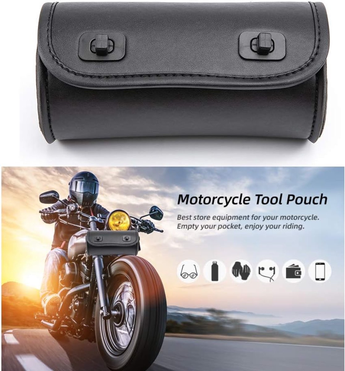 SnelShoppen - Motorfiets Vork Tas PU Lederen Fietsstuur Gereedschapstas Sissy Bar Rol Opbergtas Klein Kleur A - Perfect voor Fietstochten en Motoravon