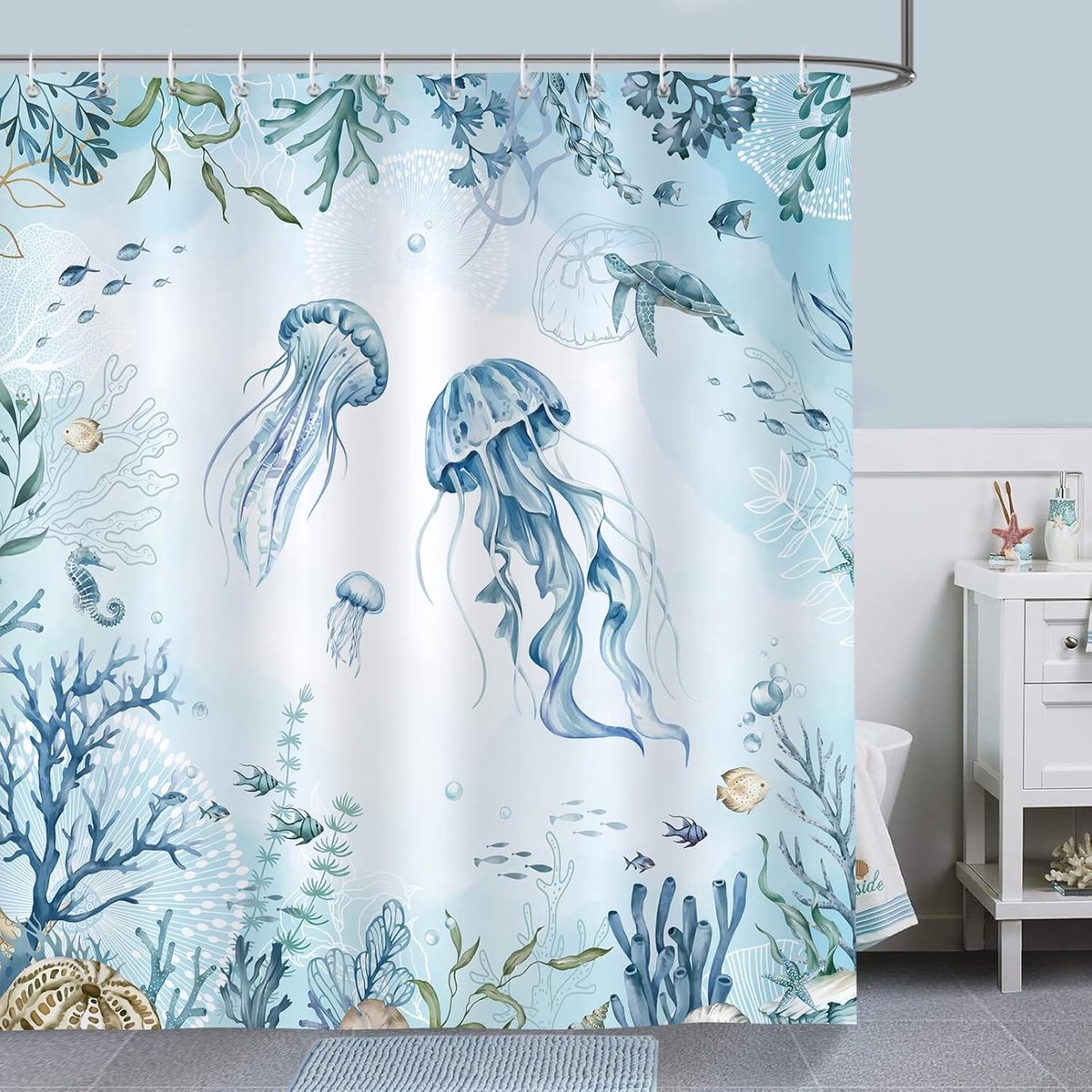 Douchegordijn 180x180 cm - Jellyfish en Zee Schildpad Design - Waterdicht en Schimmelbestendig - Ideaal voor Badkamer - ShopVlot