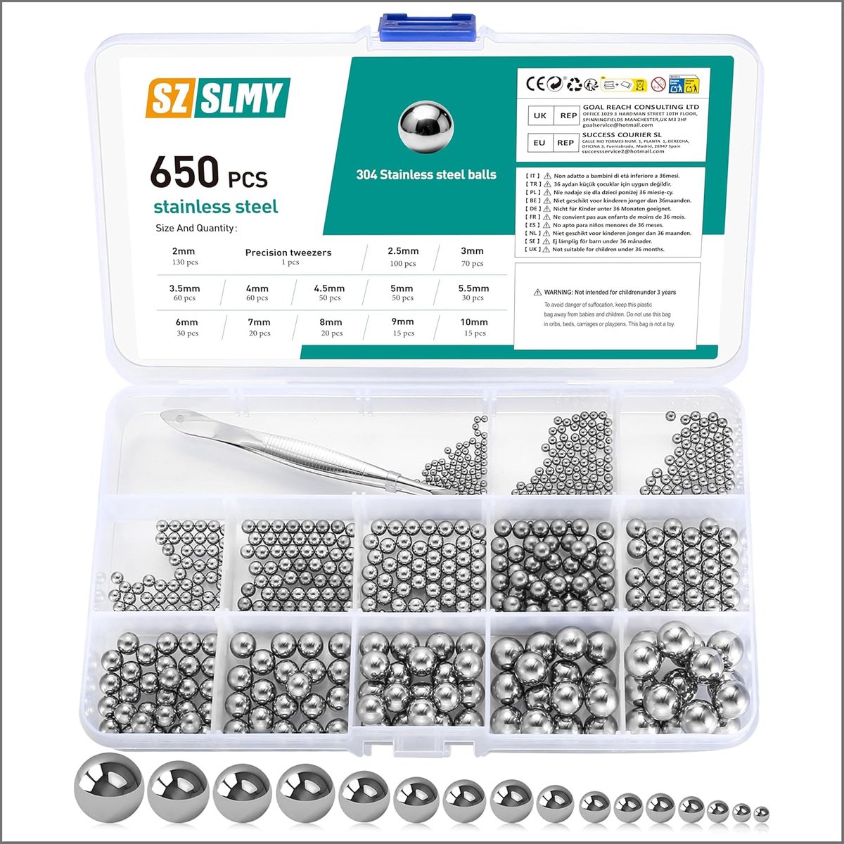 SnelShoppen - Kogellagerkogels 650 stuks Stalen Kogels Roestvrijstalen Metalen Ballen voor Fiets Mountainbike Precisie Reserveonderdelen 2-10mm