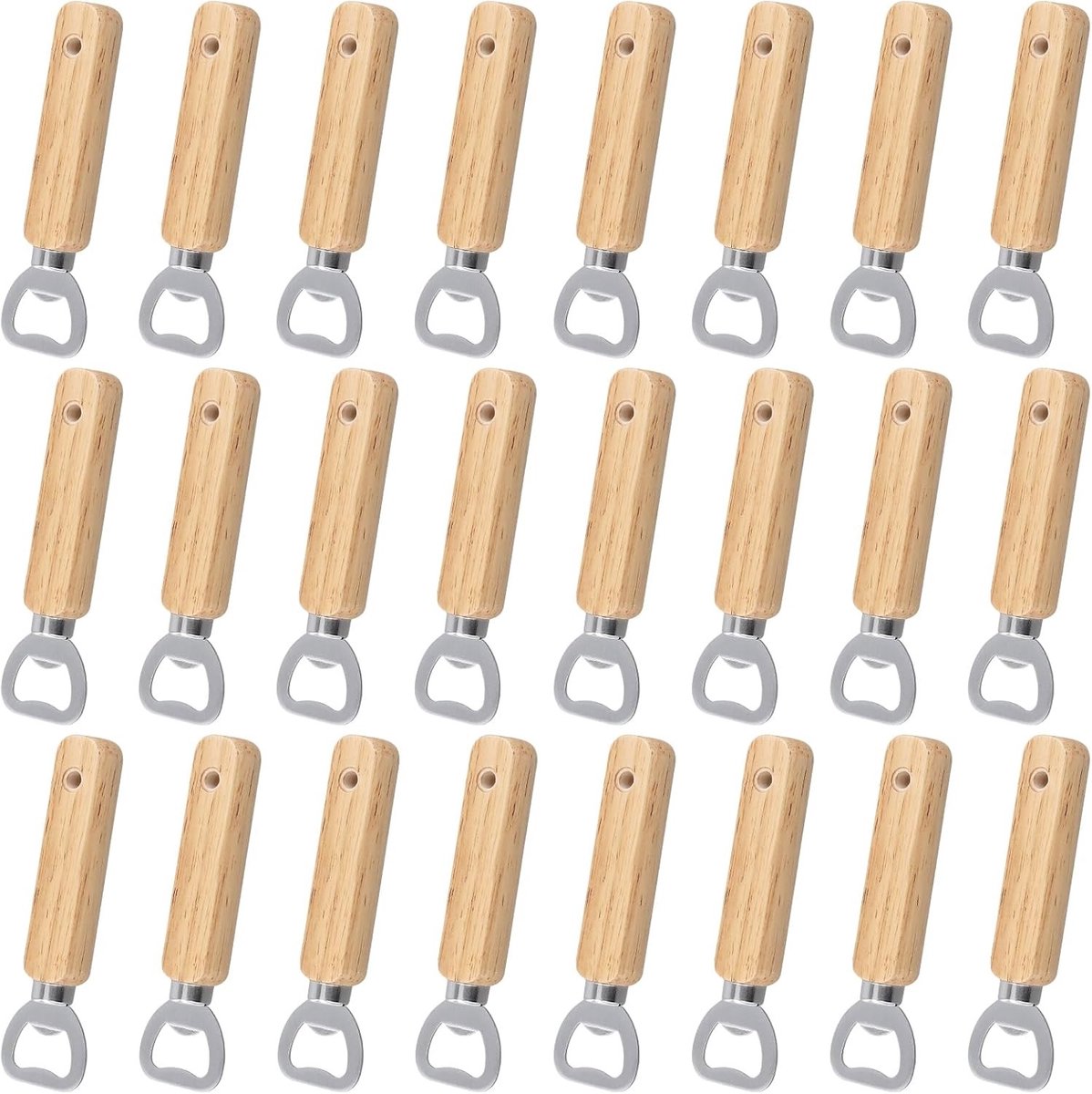 24-delige Houten Flesopener Set van 14x4x1.8cm, Handmatige Flesopener met RVS Kop voor Restaurant en Keuken, Duurzaam en Ergonomisch