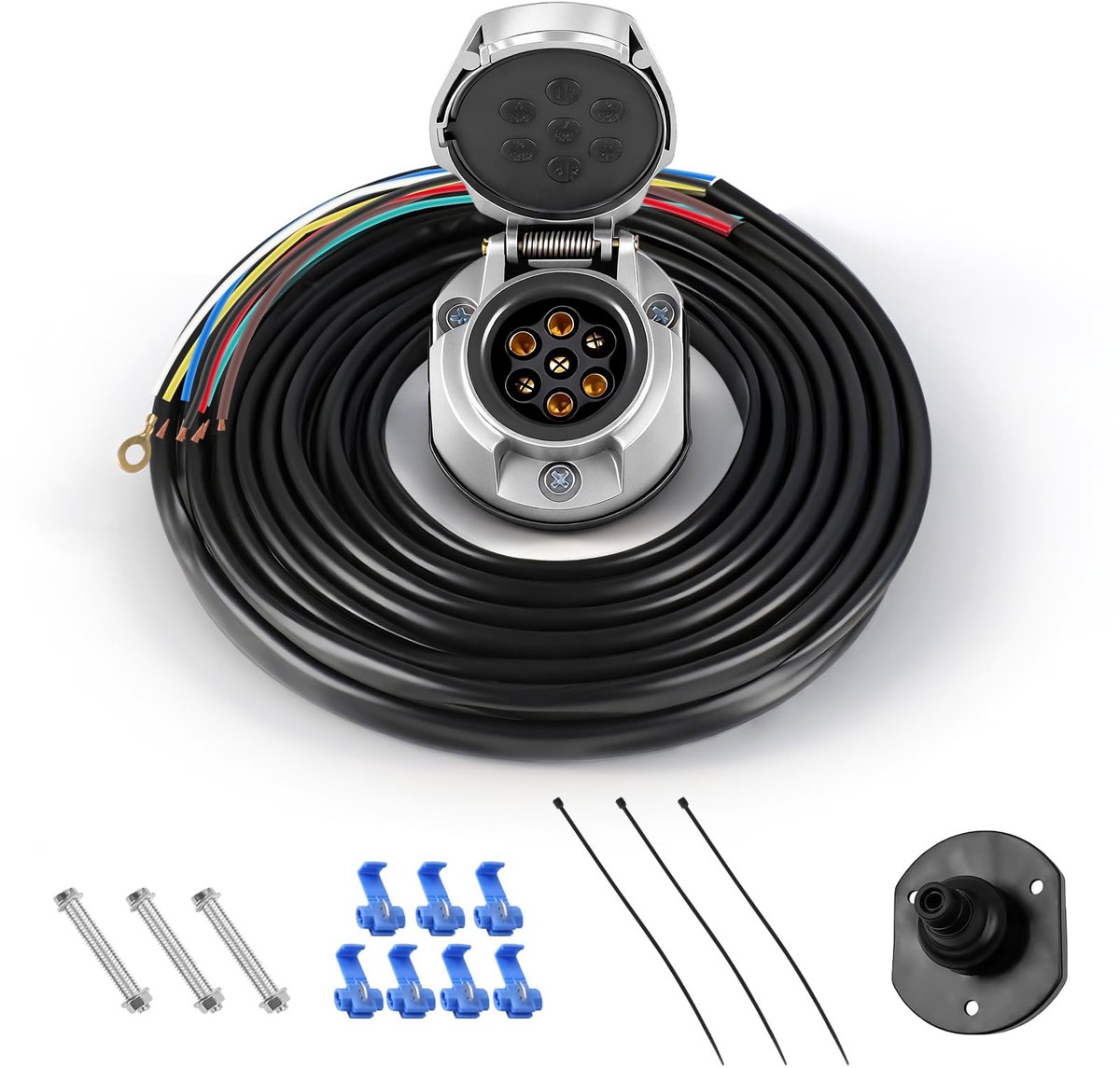 SnelShoppen - 7-polige Aanhangwagencontactdoos met 2m Kabel (3+4-aderig), Waterdichte Metalen Aansluiting, Universele Aanhangwagenkabel met Accessoire